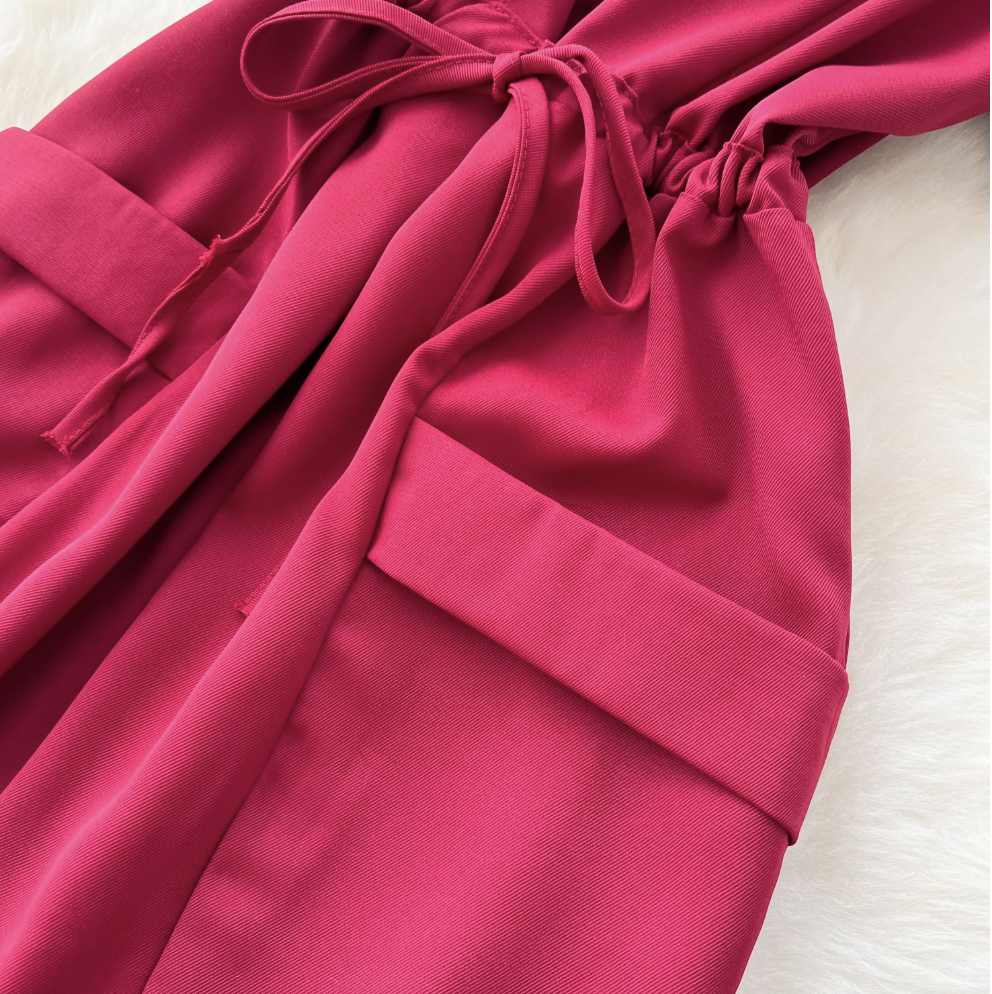 Lapeled Single-breasted Drawstring Shirt Dress
