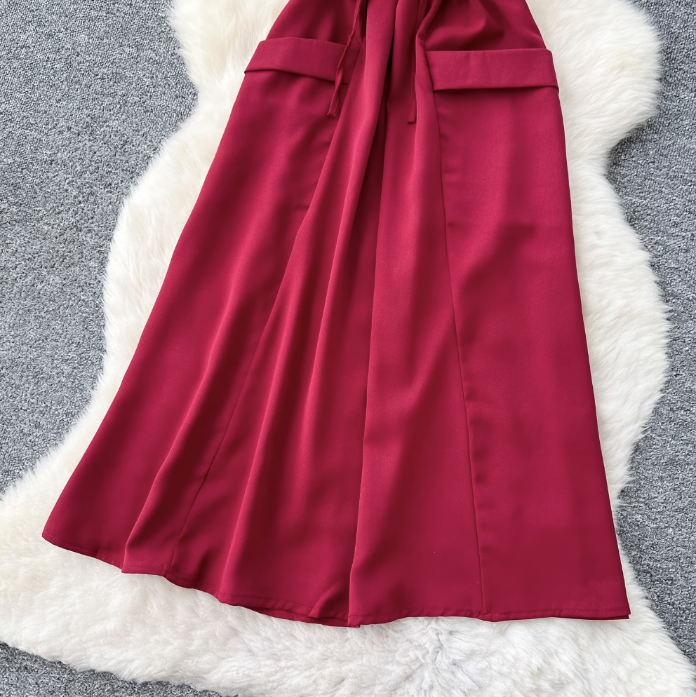 Lapeled Single-breasted Drawstring Shirt Dress