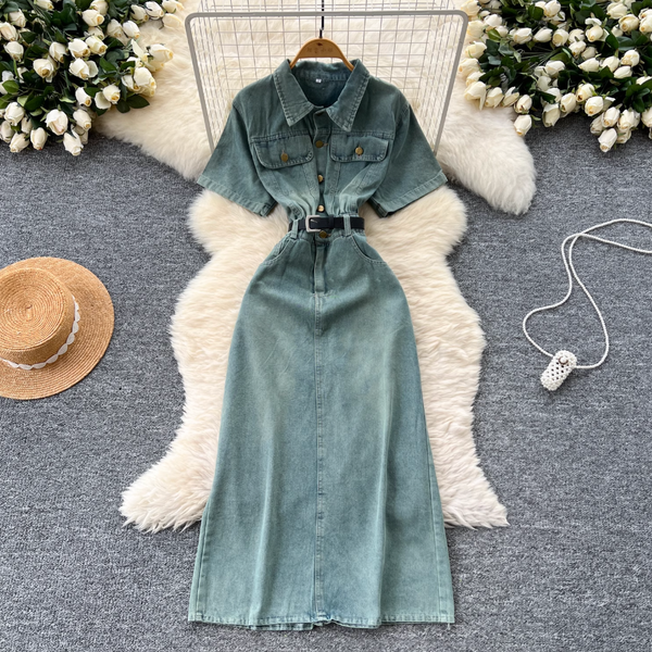 Niche Vintage Blue Denim Shirt Dress
