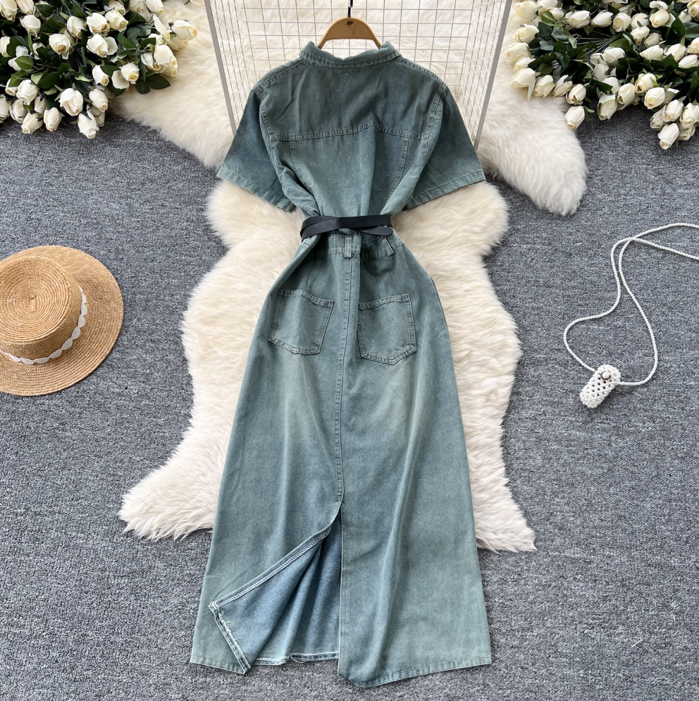 Niche Vintage Blue Denim Shirt Dress