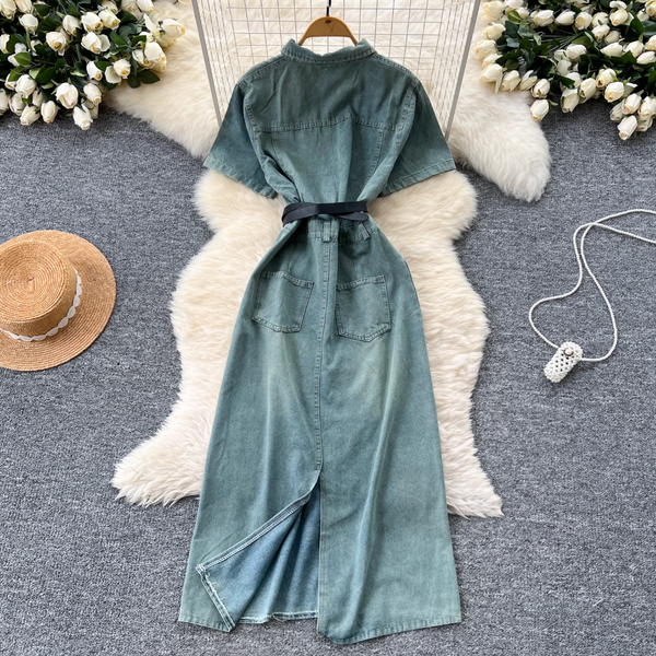 Niche Vintage Blue Denim Shirt Dress