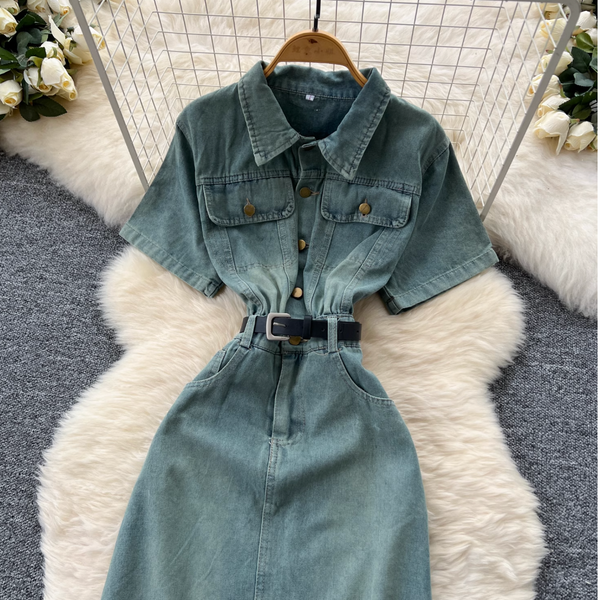Niche Vintage Blue Denim Shirt Dress