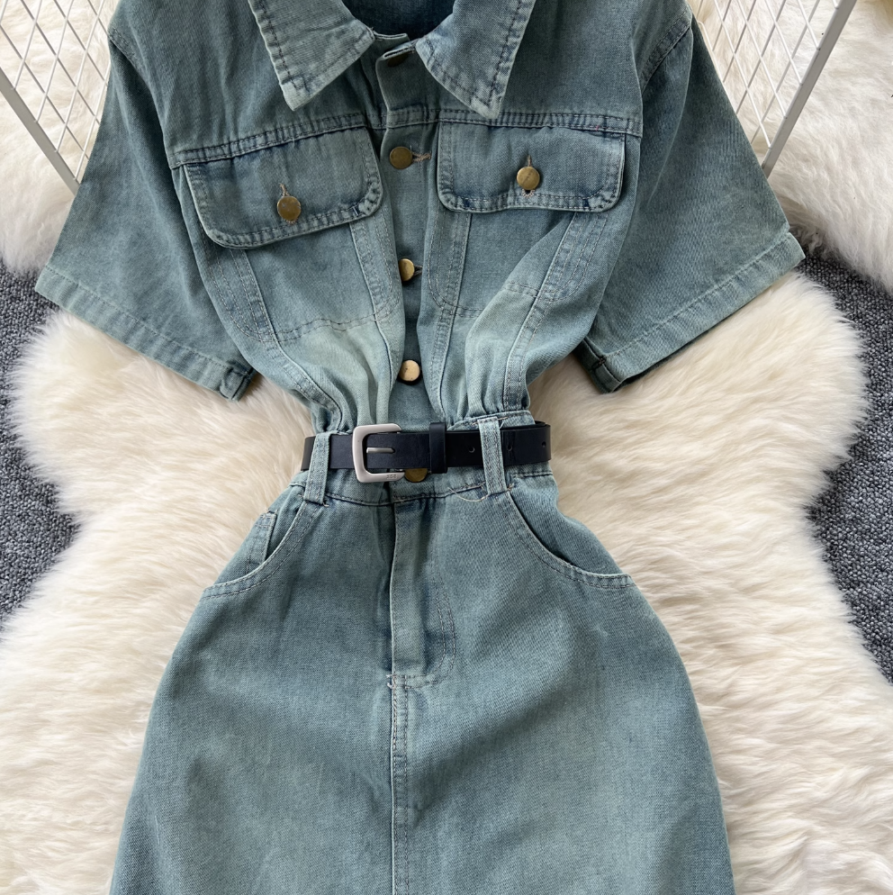 Niche Vintage Blue Denim Shirt Dress