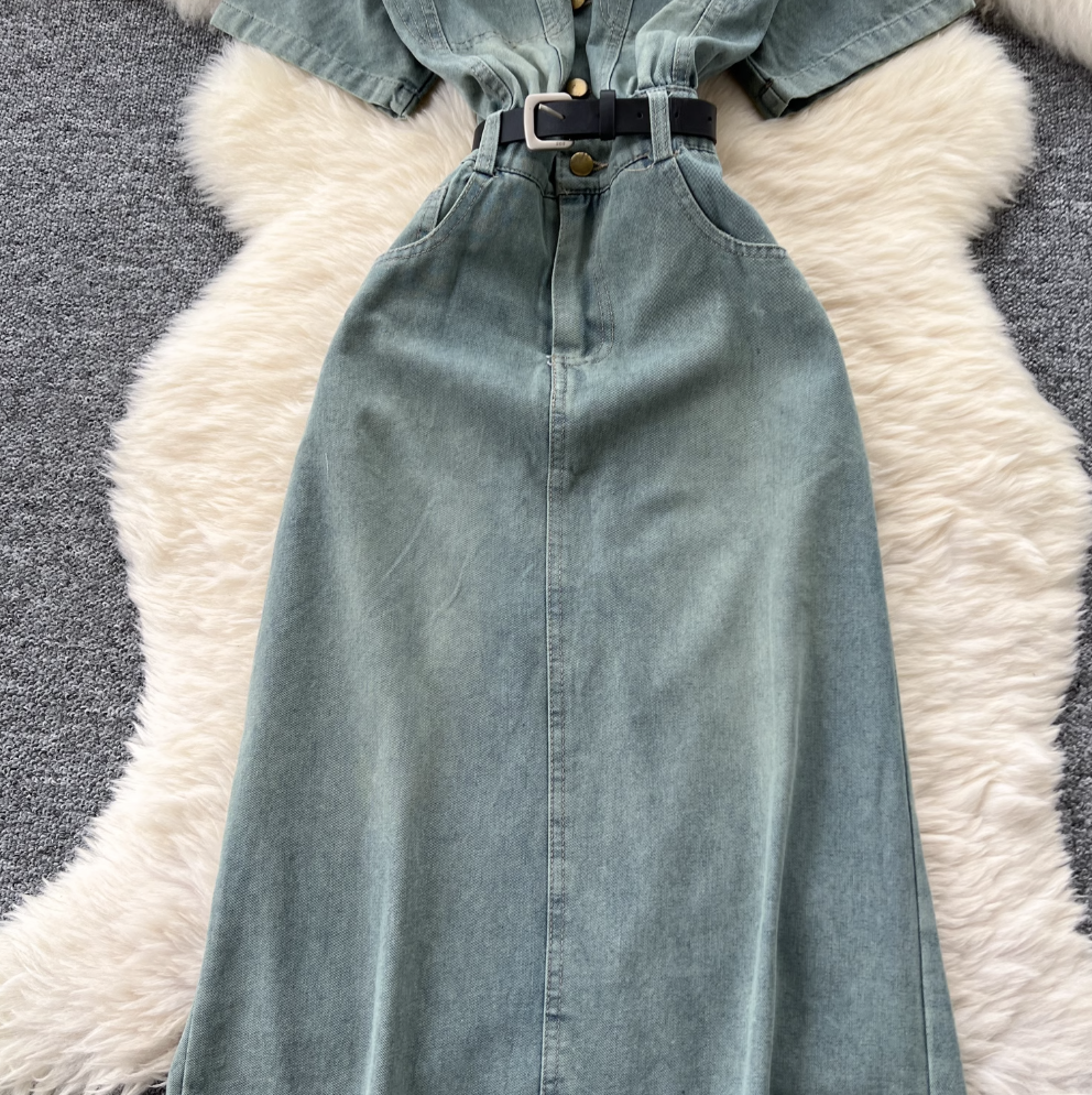 Niche Vintage Blue Denim Shirt Dress