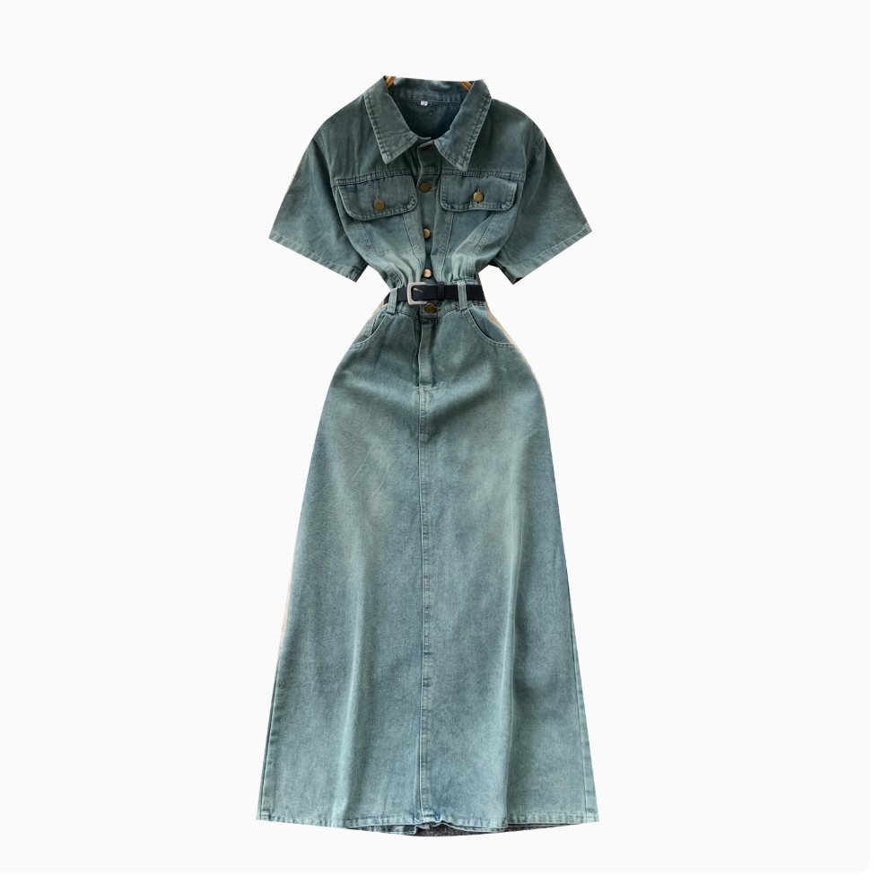 Niche Vintage Blue Denim Shirt Dress