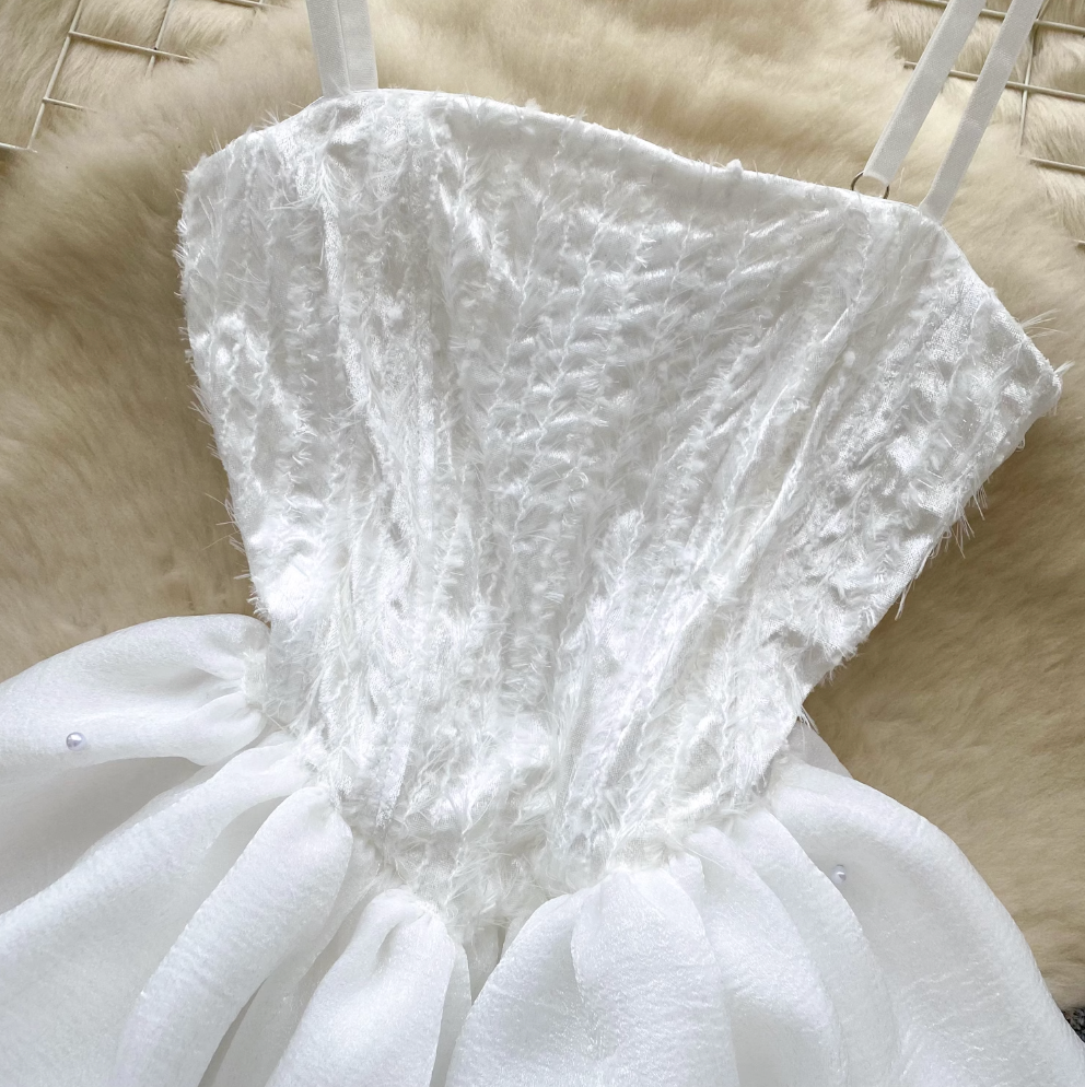Furry Patchwork Puffy Mesh Slip Dress
