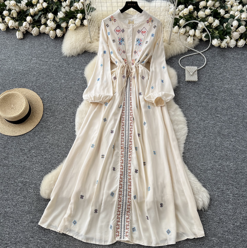 Vintage Pattern Embroidered Shirt Dress