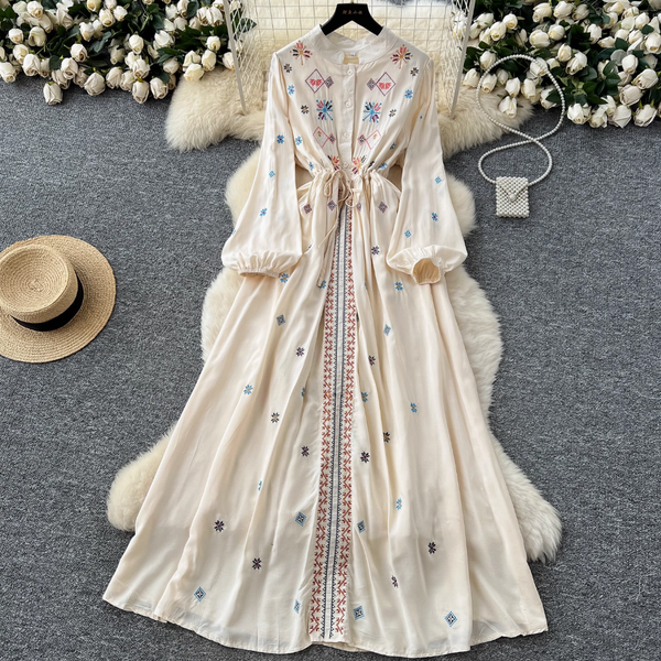 Vintage Pattern Embroidered Shirt Dress