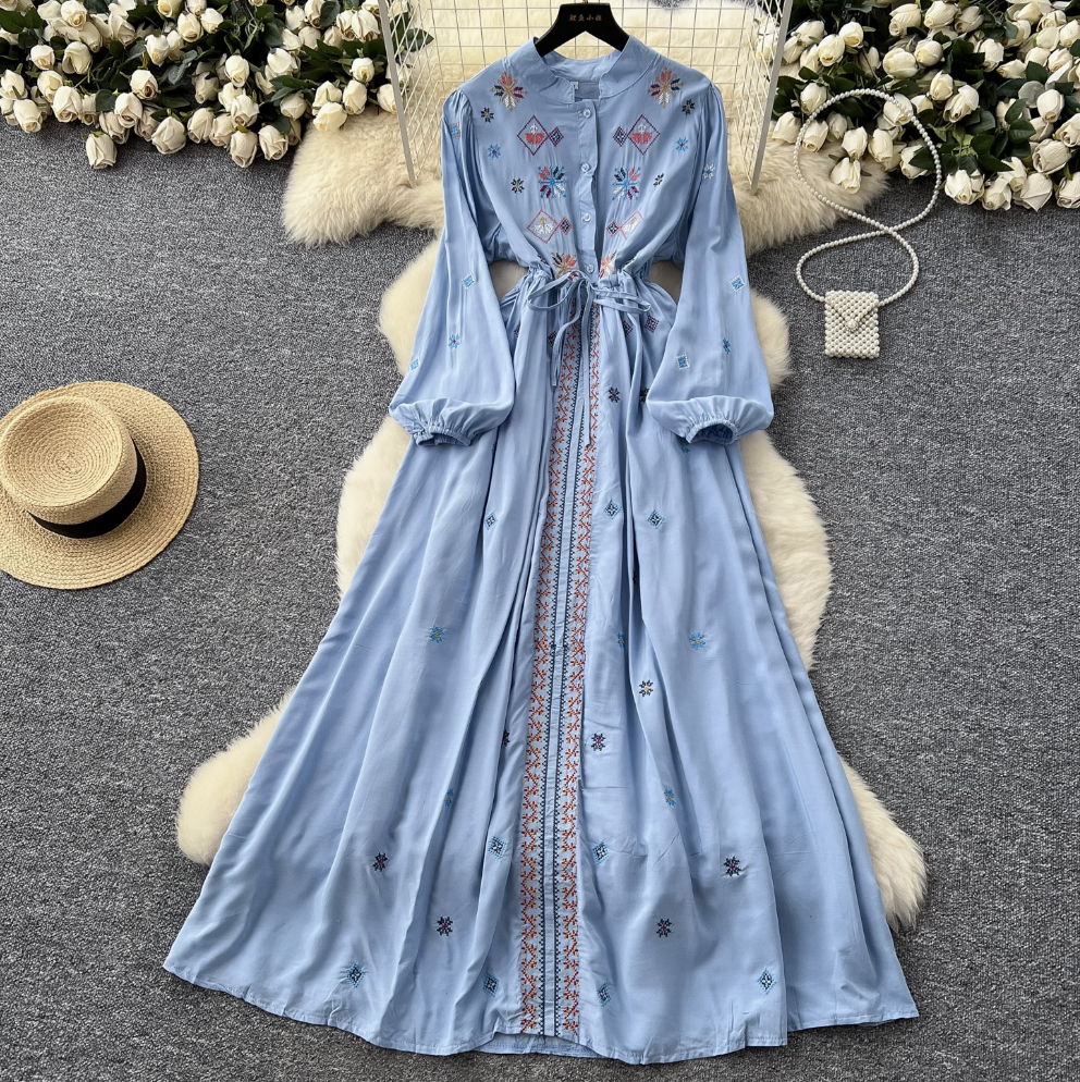 Vintage Pattern Embroidered Shirt Dress