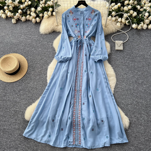 Vintage Pattern Embroidered Shirt Dress