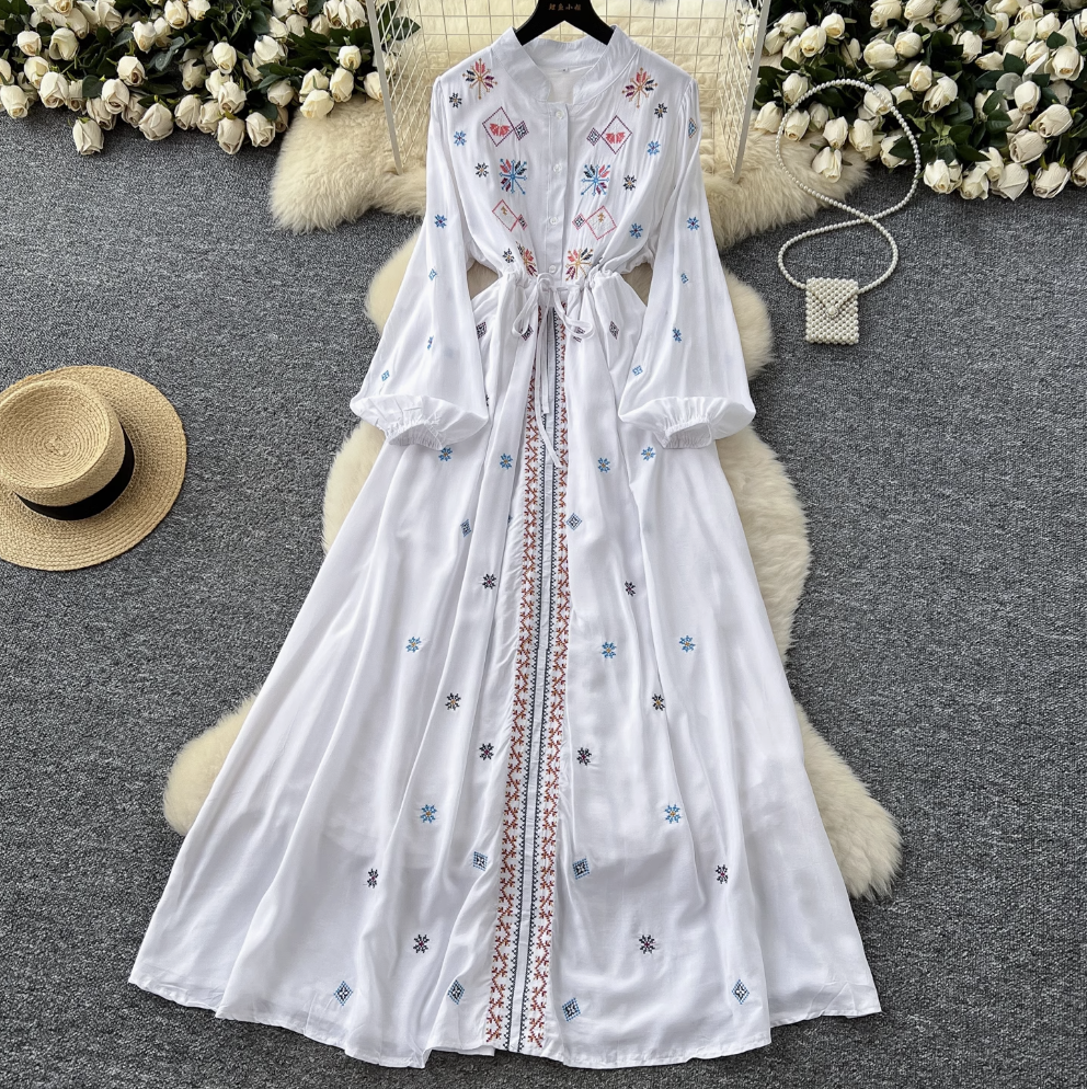 Vintage Pattern Embroidered Shirt Dress