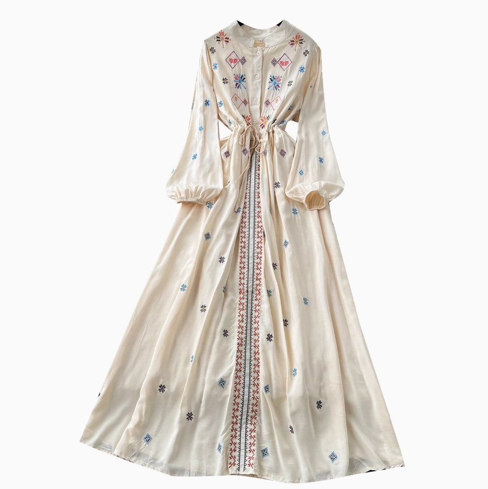 Vintage Pattern Embroidered Shirt Dress