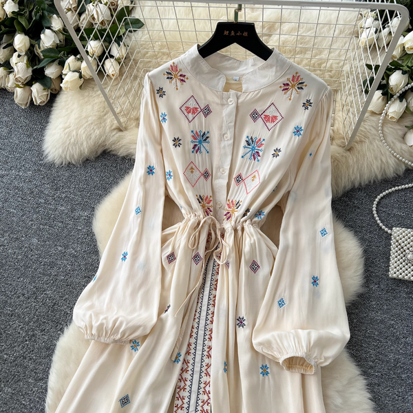 Vintage Pattern Embroidered Shirt Dress