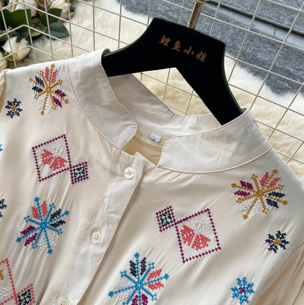 Vintage Pattern Embroidered Shirt Dress