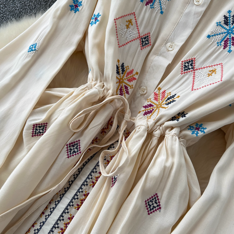 Vintage Pattern Embroidered Shirt Dress