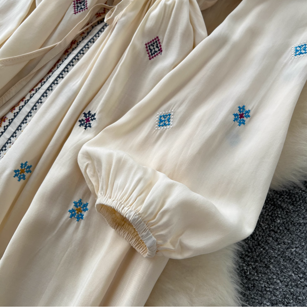 Vintage Pattern Embroidered Shirt Dress