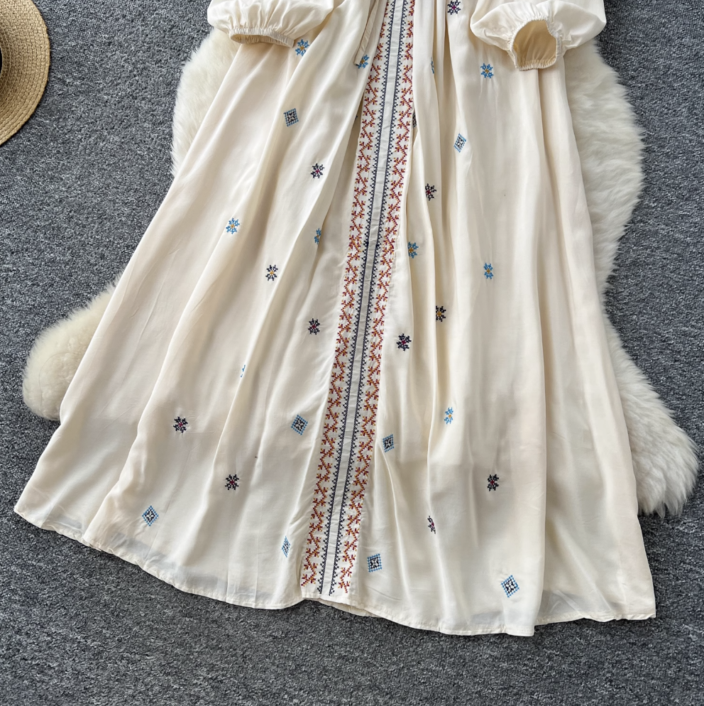 Vintage Pattern Embroidered Shirt Dress