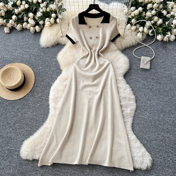 Double-breasted Color Blocking Knitted Dress