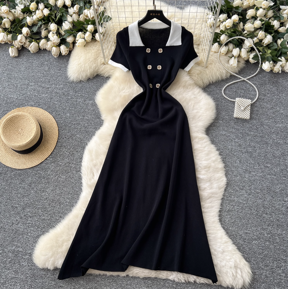 Double-breasted Color Blocking Knitted Dress