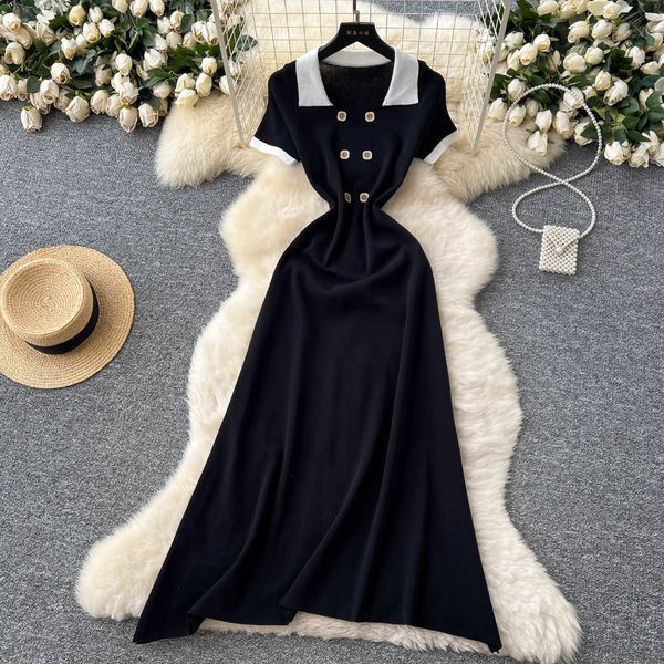 Double-breasted Color Blocking Knitted Dress