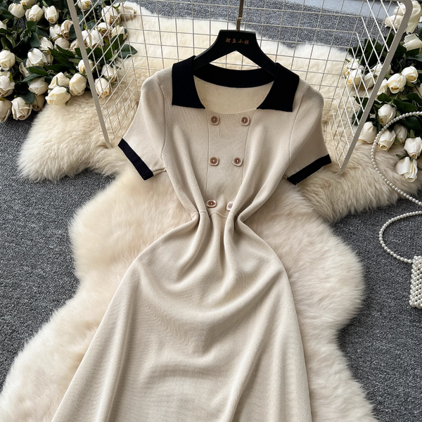 Double-breasted Color Blocking Knitted Dress