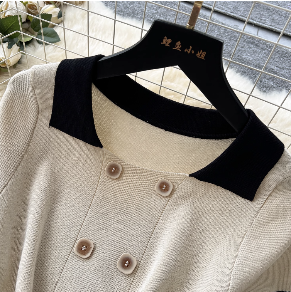 Double-breasted Color Blocking Knitted Dress