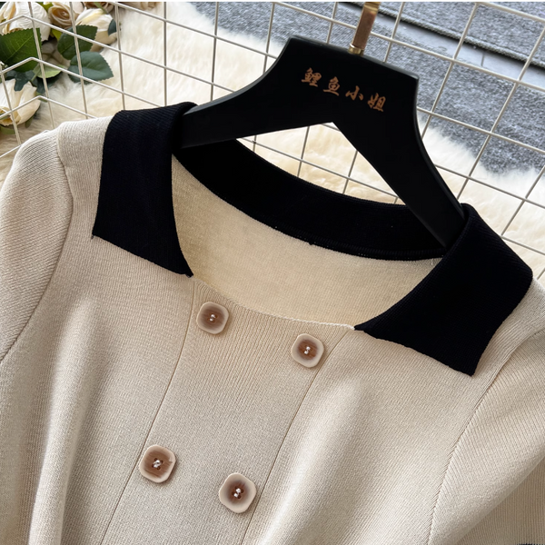Double-breasted Color Blocking Knitted Dress