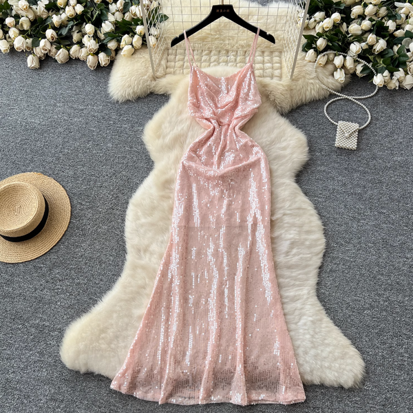 Pink Sequined Fishtail Slip Dress