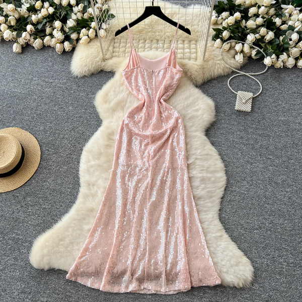 Pink Sequined Fishtail Slip Dress