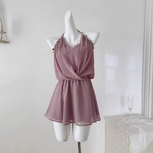 Beaded Cross V-neck Purple Chiffon Dress