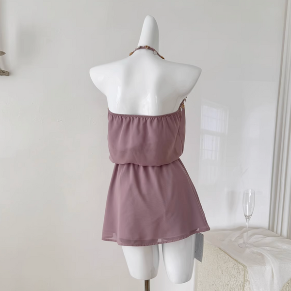 Beaded Cross V-neck Purple Chiffon Dress