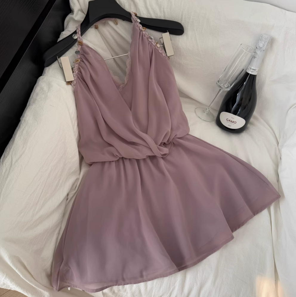 Beaded Cross V-neck Purple Chiffon Dress