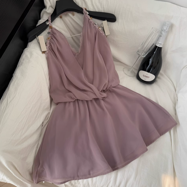 Beaded Cross V-neck Purple Chiffon Dress