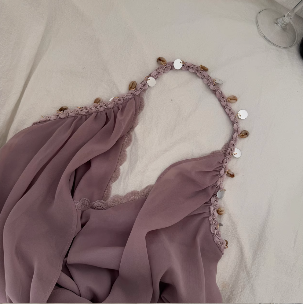 Beaded Cross V-neck Purple Chiffon Dress