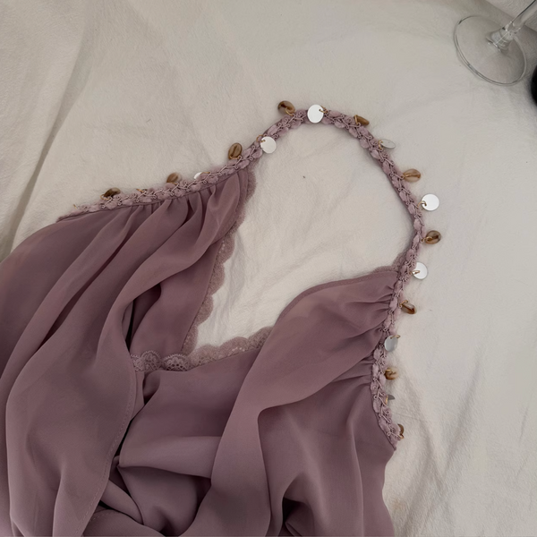 Beaded Cross V-neck Purple Chiffon Dress
