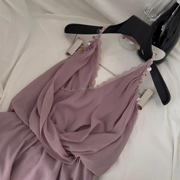 Beaded Cross V-neck Purple Chiffon Dress