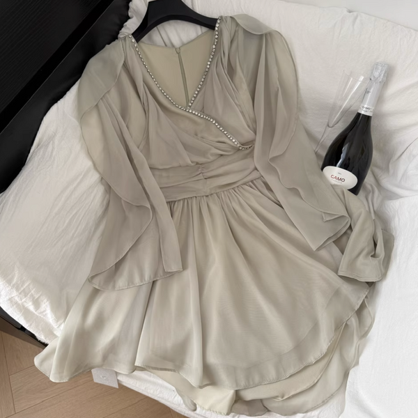 Beaded V-neck Fairy Chiffon Dress