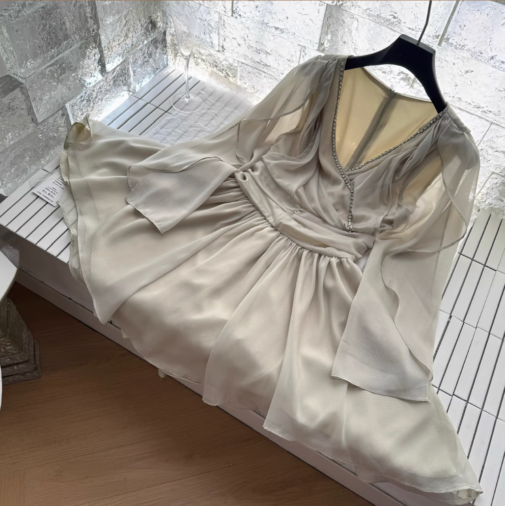Beaded V-neck Fairy Chiffon Dress