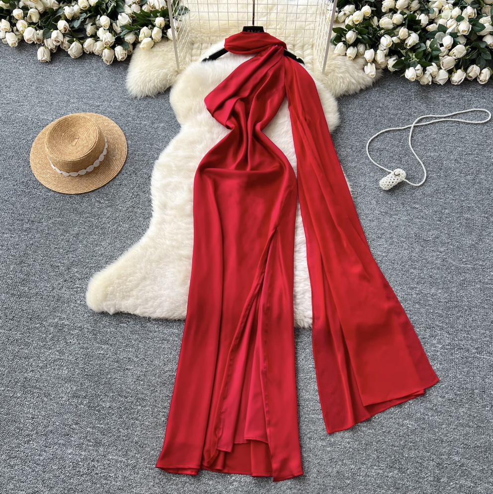Red Split Party Dress with Ribbon