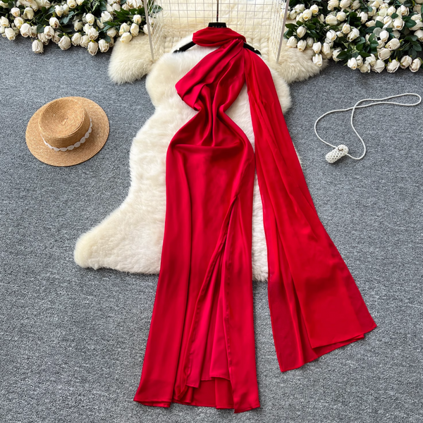 Red Split Party Dress with Ribbon