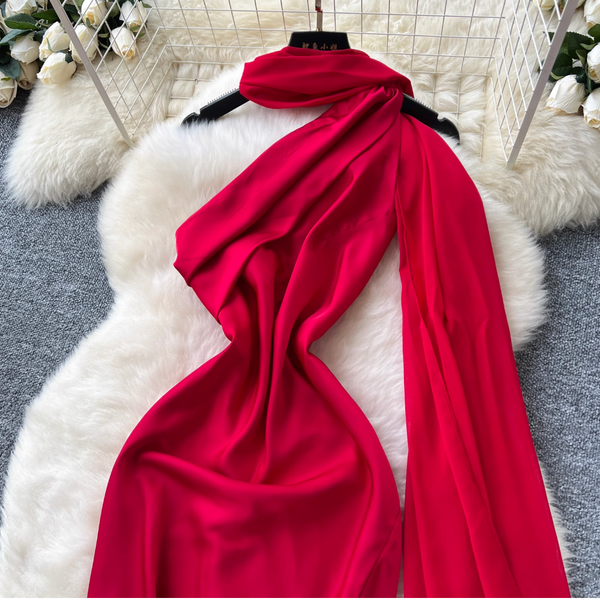 Red Split Party Dress with Ribbon