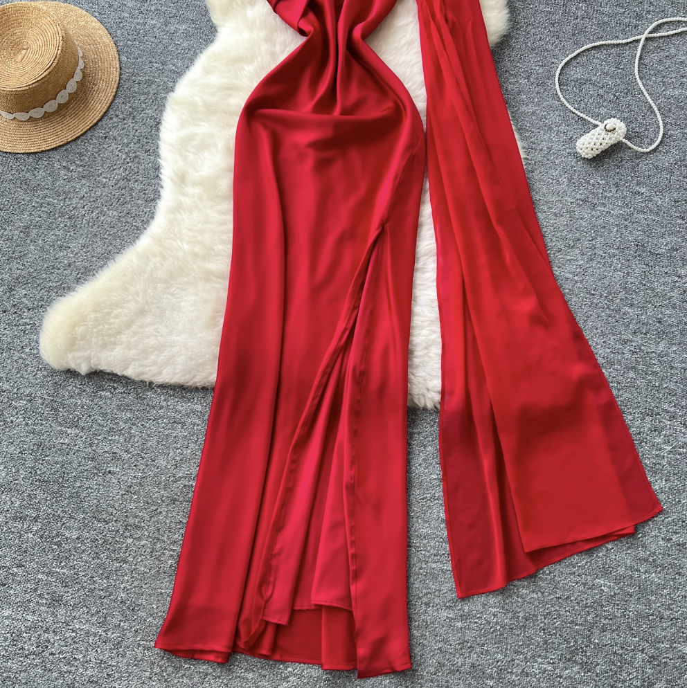 Red Split Party Dress with Ribbon