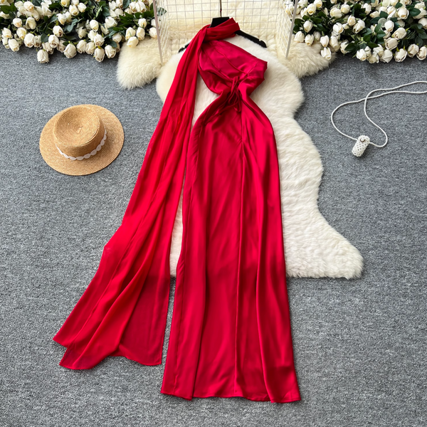 Red Split Party Dress with Ribbon