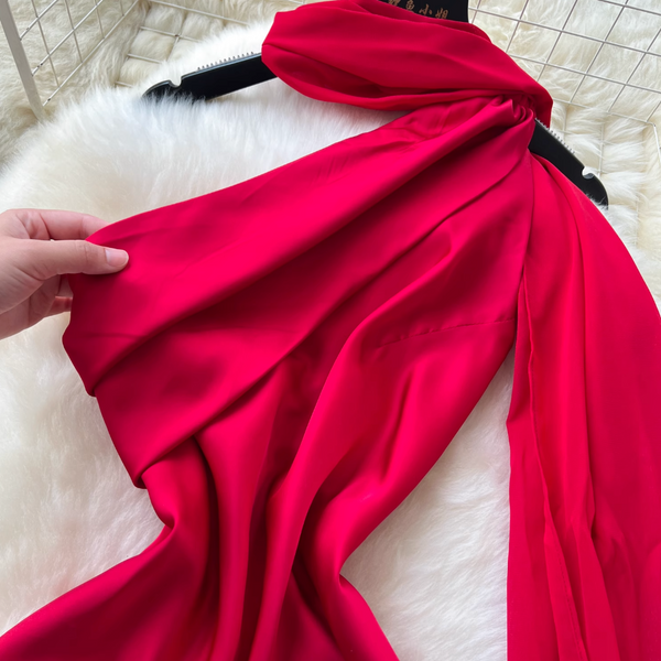 Red Split Party Dress with Ribbon