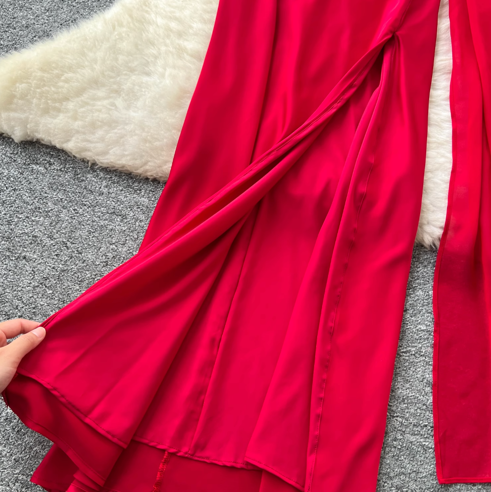 Red Split Party Dress with Ribbon