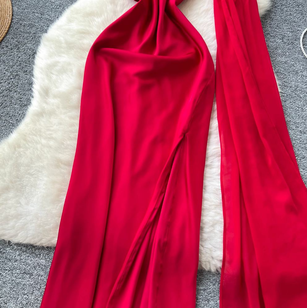Red Split Party Dress with Ribbon