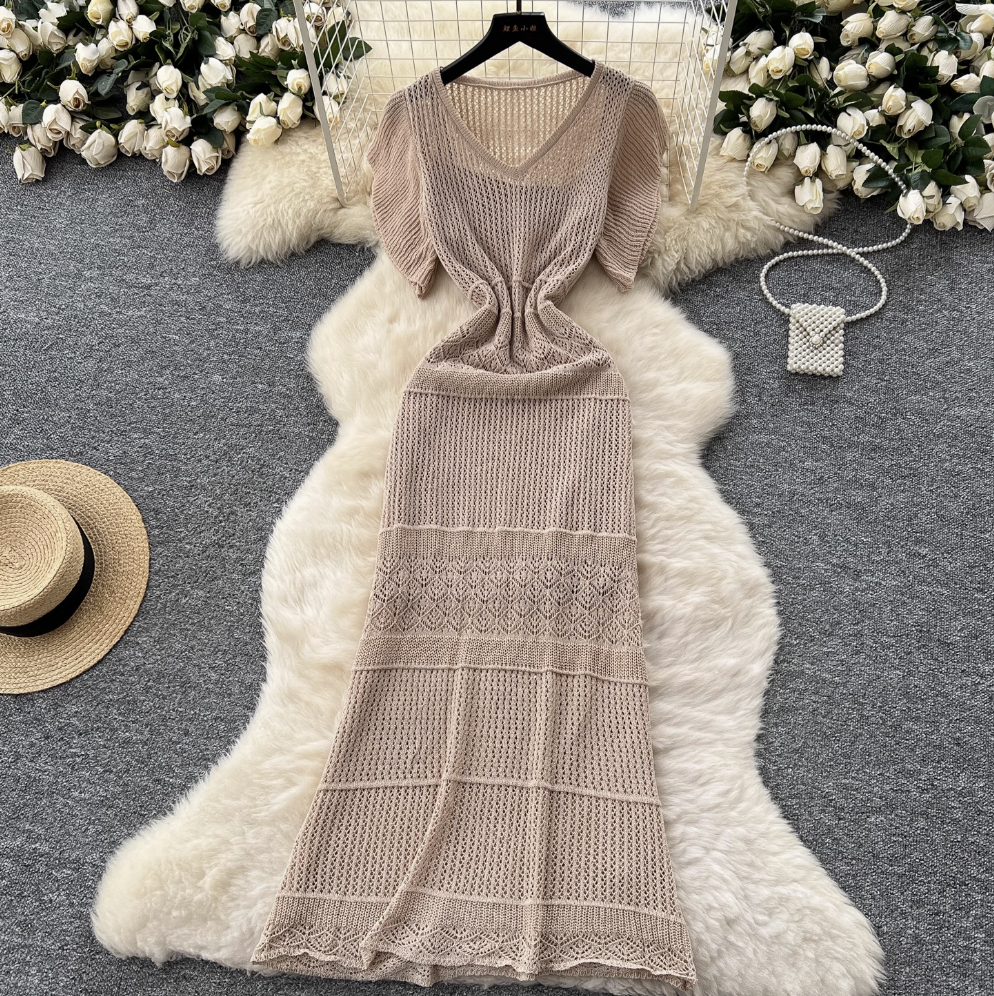 Hollowed Crochet Dress & Slip Dress 2Pcs