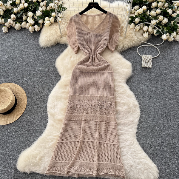 Hollowed Crochet Dress & Slip Dress 2Pcs