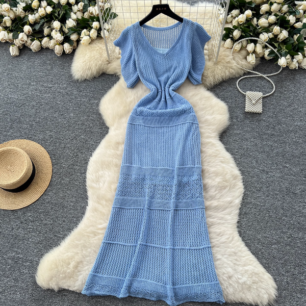 Hollowed Crochet Dress & Slip Dress 2Pcs