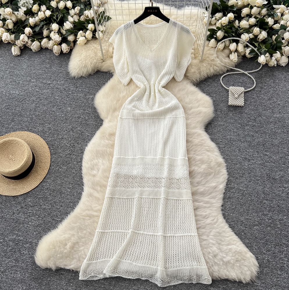 Hollowed Crochet Dress & Slip Dress 2Pcs
